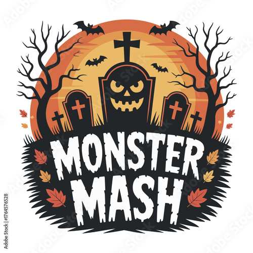 Spooky Halloween Monster Mash graveyard scene with grinning tombstone and bats flying at sunset, perfect for festive decorations and party invitations.