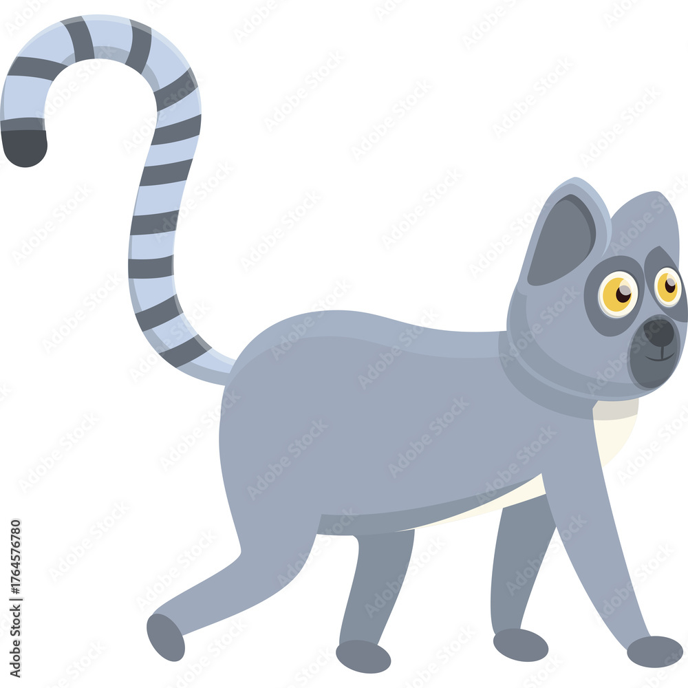 Obraz premium Cartoon illustration of a grey lemur with yellow eyes and a striped tail walking with a white background