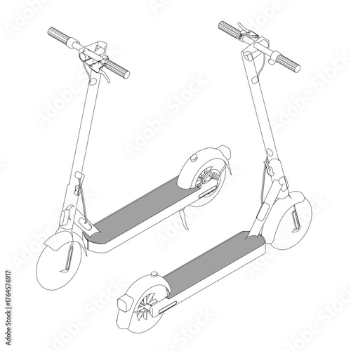 Two electric scooters with unique designs are sketched in detailed contour style on a white background. Isometric view. 3D