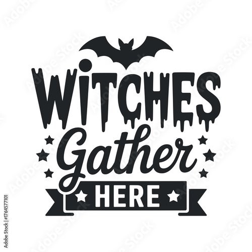 Spooky witches gather here with a playful bat silhouette for your magical Halloween party decorations and apparel designs