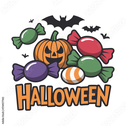 Spooky Halloween treats and a grinning pumpkin surrounded by bats create a fun and festive holiday celebration perfect for decorations and party invites