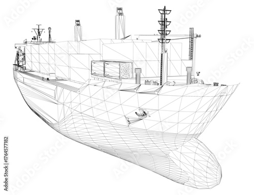 A 3D wireframe model of a large container ship blueprint, featuring detailed hull structure, superstructure, and cargo layout on a clean white background.
