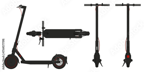 Set of Electric scooter with a sleek modern design, large round headlight, and comfortable seat. The polygonal style wheels and adjustable handlebar enhance its stylish appearance. 3D