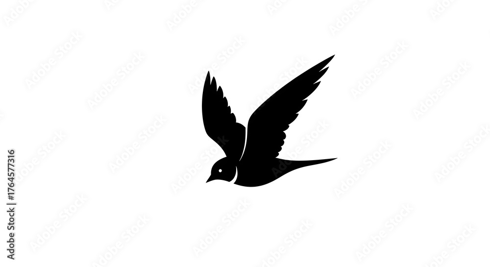 Fototapeta premium Flying swallow silhouette vector icon. Simple black bird logo. Minimalist graphic symbol of freedom, hope, and nature. Isolated on white
