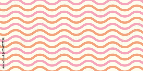 Abstract wavy line design background banner. Vector geometric seamless border element in pink and orange. Groovy 70s patternPrint