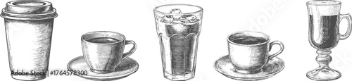 Set illustrations of coffee glass isolated on transparent background. Vector illustrations