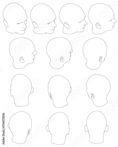 Realistic male head character set on white background provides printable templates for creating custom character designs.