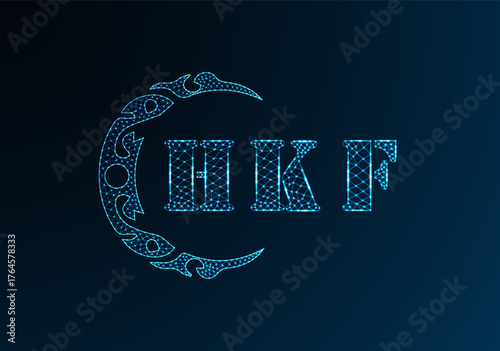 Low poly letter logo HKF design. HKF letter logo low poly vector design on blue color gradient background. HKF logo low poly design