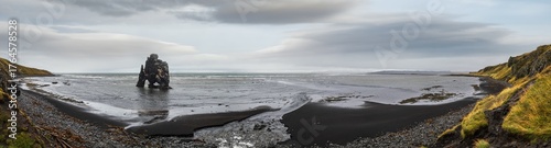The drinking elephant or rhinoceros, basalt stack Hvitserkur along the eastern shore of Vatnsnes peninsula, in northwest Iceland. Awesome rock structure made from basalt and standing 15 metres tall.