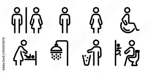 Toilet line icon set. WC and restroom signs including man, woman, shower, mother with baby, disabled, throw trash in bin, baby changing table and baby chair symbols. Vector illustration