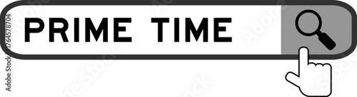 Search banner in word prime time with hand over magnifier icon on white background