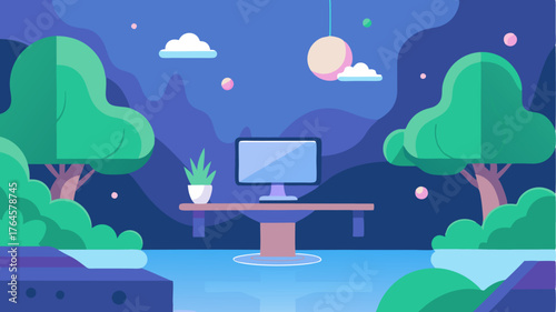 A serene workspace surrounded by virtual nature with ethereal trees and flowing water enhanced by floating task notifications and gentle ambient sounds.