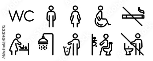 Toilet line icon set. WC and restroom signs including man, woman, shower, mother with baby, disabled, no smoking, and do not throw trash symbols. Vector illustration for public facilities.