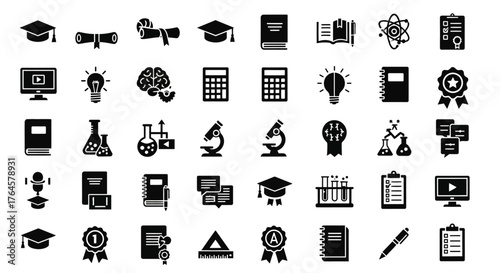 Education Icon Collection: A comprehensive collection of meticulously crafted icons, representing the diverse facets of learning, knowledge, and academic pursuit.