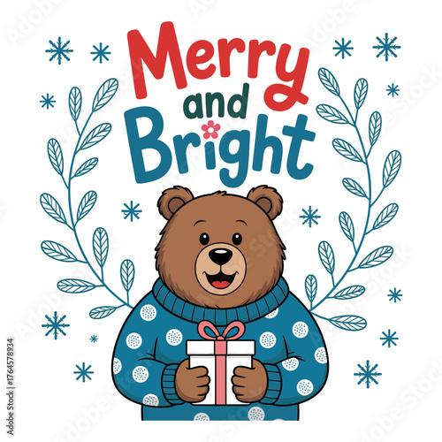 Adorable bear delivering a Merry and Bright Christmas gift, spreading holiday cheer with festive snowflakes and winter foliage, a heartwarming seasonal design
