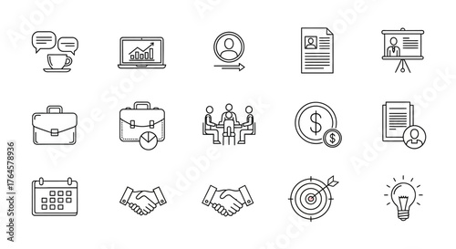 Business Icon Collection: An array of business icons, meticulously crafted in a clean line style, representing various business aspects such as meeting, goal setting, investment.