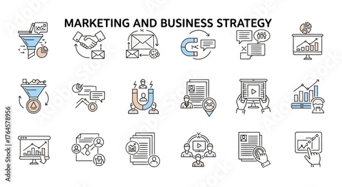 Marketing and Business Strategy Icons: A collection of concise and visually engaging icons representing various aspects of marketing and business strategy, designed for clarity and impact.
