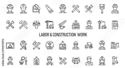 Labor & Construction Work: A comprehensive collection of iconic symbols of labor and construction work, including tools and worker, Ideal for illustrating projects and concepts related to building.