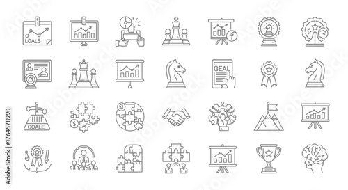 Business Strategy Icons: A collection of meticulously crafted, linear business icons, each representing a facet of strategic planning, goal setting, teamwork, and achievement.