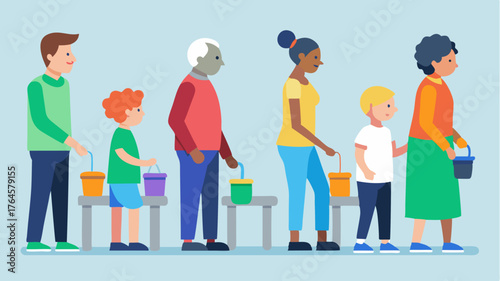 Neighbors of varying ages line up to fill buckets with colorful paints ready to give the park benches a fresh coat.