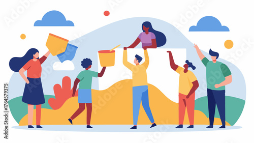A community mural project allows participants to paint a large canvas together capturing the spirit of unity and creativity of the block party.
