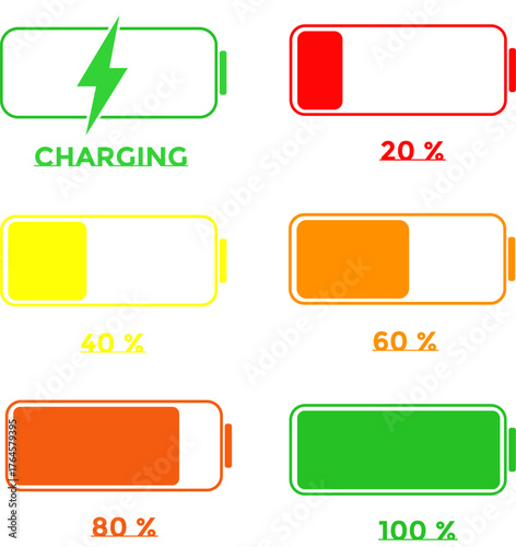 Battery charge level indicators showing different percentages from empty to full on a white background