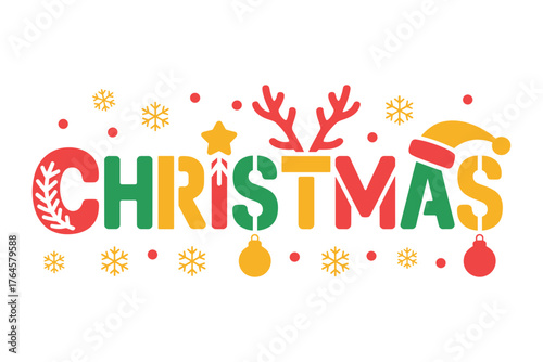 Festive Christmas lettering with reindeer antlers, ornaments, and snowflakes for holiday cards and seasonal designs, originally a scalable vector graphic