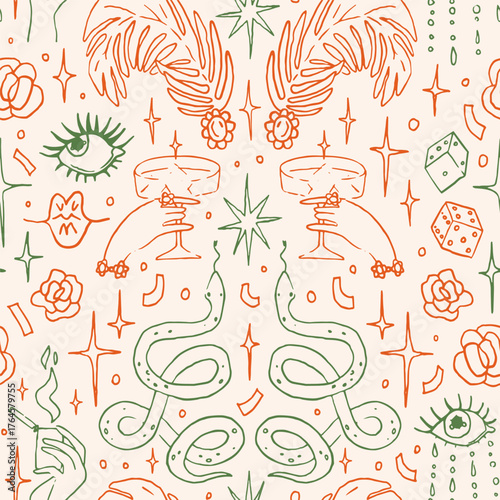 Showgirl party seamless pattern. Fun playful illustrations of cocktails, flowers, stars, other party elements. Kaleidoscope art deco whimsical line art background, wrapping paper, wallpaper, textile