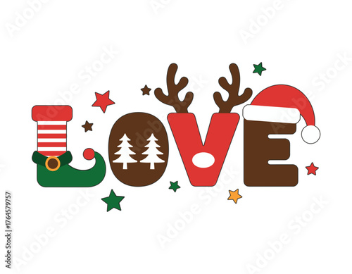 Festive Christmas LOVE design for holiday cheer, a joyful and whimsical message for seasonal cards and decorations, originally a vector graphic.