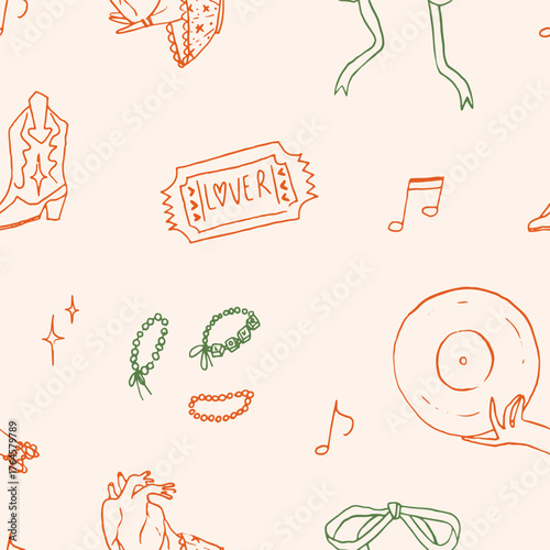 Playful retro line art seamless pattern. Music record, lover ticket, ribbon bow, friendship bracelets. Fun, feminine, cute swiftie background design perfect for birthday, new year, sleepover party 