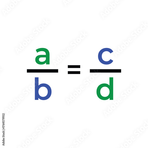 Mathematical proportion formula illustration showing a over b equals c over d with colorful letters. Ideal for math education, algebra concept, learning material, and academic presentation design.