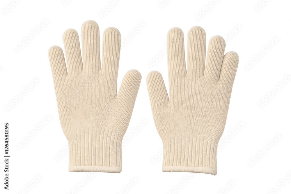 Obraz premium Pair of beige knitted work gloves ready protecting hands performing tasks on transparent background