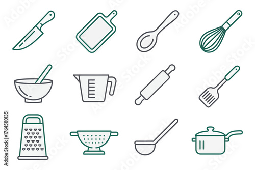 Kitchen utensil icon set minimalist line art vector illustration for cooking and food preparation isolated on white background