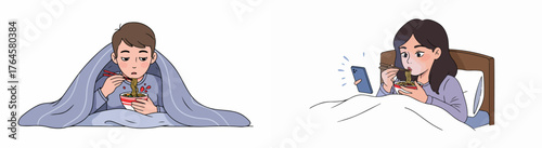 Cartoon illustration of people eating instant noodles in bed and under blankets, representing solitary comfort food culture.