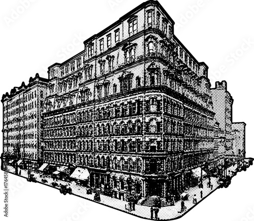 black and white graphic illustration depicts a large, ornate historic commercial building situated on a busy city corner, showcasing late 19th or early 20th-century architecture.
