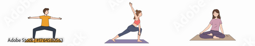 Yoga and Meditation Poses Set. Man and woman practicing fitness, wellness, and mindful exercise routines.