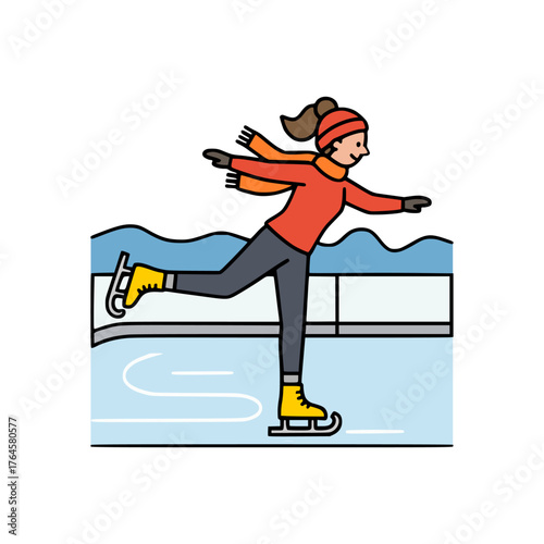 Colorful vector illustration of woman ice skating outdoors on frozen rink wearing winter clothes and scarf