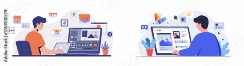 Creative professionals editing video and designing graphics, utilizing specialized software tools for digital content production workflow.