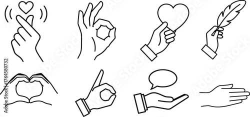 Collection of hand gestures and symbols drawn in a simple line art style for design elements