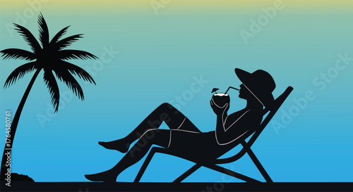 Silhouette of Woman Relaxing on Beach Chair with Coconut Drink