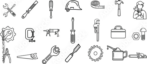 Collection of hand drawn outline icons representing various tools and building supplies for construction and repair