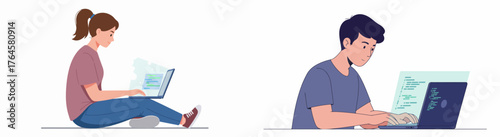 Young Male and Female Developers Coding on Laptops. Flat Design Illustration of Programming and Technology Work.