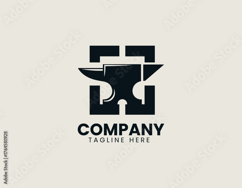 Iron forge anvil forming letter F shape in bold industrial vector logo design illustration
