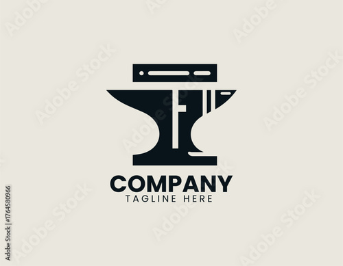 Iron forge anvil forming letter F shape in bold industrial vector logo design illustration