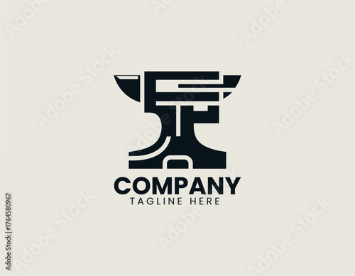Iron forge anvil forming letter F shape in bold industrial vector logo design illustration