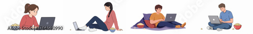 Illustration set of young people relaxing at home, working, studying, or watching movies on laptops while enjoying popcorn snacks.