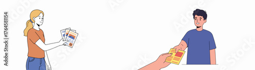 Young man and woman distributing promotional flyers and marketing brochures, representing advertising and communication campaigns.