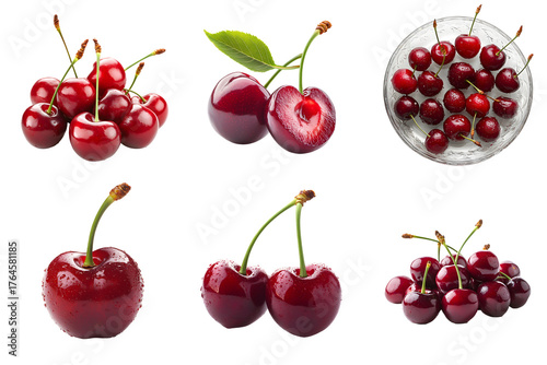 A selection of juicy ripe cherries isolated on a transparent background PNG