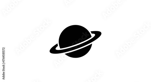 Black planet with rings isolated on white background simple design.