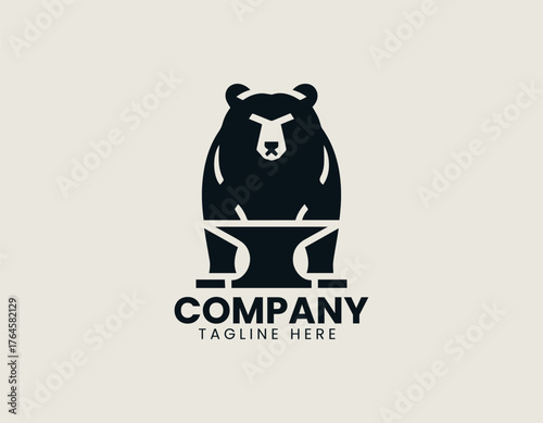Strong black bear symbolizing iron blacksmith power in bold vintage vector logo design illustration